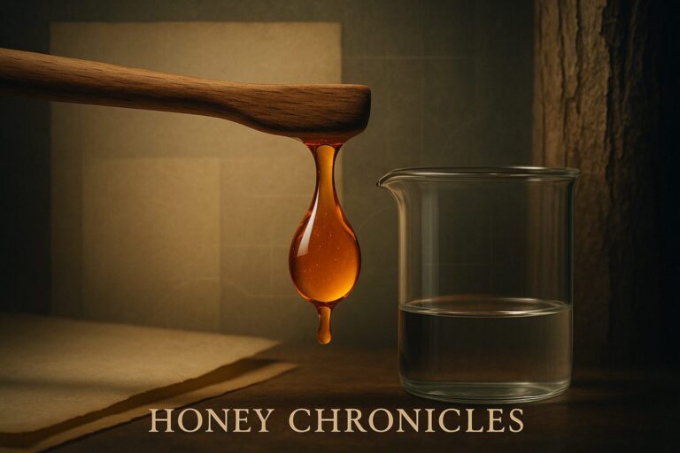 An amber drop of forest honey suspended between a carved wooden tasting tool and a clear laboratory vessel, with parchment and shadowed forest textures behind it.